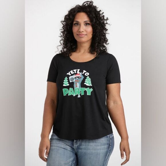 New Size 4X Women's Black Yeti To Party Scoop Neck Short Sleeve Holiday Tee - Picture 1 of 8